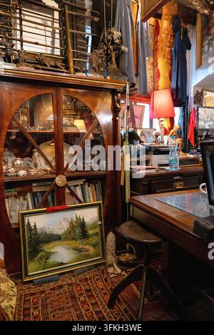 Des appareils photo vintage, des machines à écrire, des pièces de monnaie, des meubles et des objets de collection remplissent une boutique d'antiquités traditionnelle dans la vieille ville de Varsovie. Banque D'Images