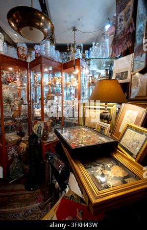 Des appareils photo vintage, des machines à écrire, des pièces de monnaie, des meubles et des objets de collection remplissent une boutique d'antiquités traditionnelle dans la vieille ville de Varsovie. Banque D'Images