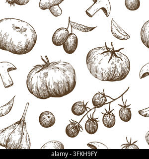 Motif sans couture avec des plats de légumes méditerranéens dans un style rétro esquissé. Illustration monochrome dessinée à la main. Illustration de Vecteur