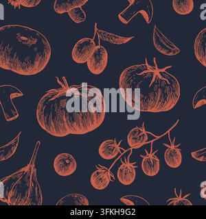 Motif sans couture avec des plats de légumes méditerranéens dans un style rétro esquissé. Illustration monochrome dessinée à la main. Illustration de Vecteur