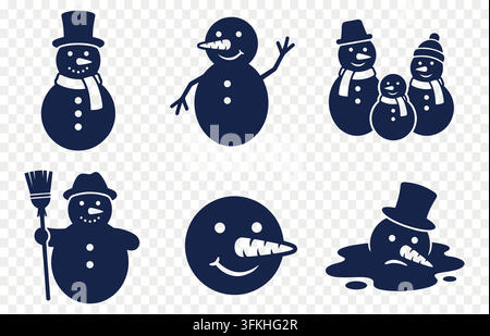 Ensemble de silhouettes de bonhommes de neige bleu foncé et d'icônes vectorielles de vacances d'hiver sur fond transparent Illustration de Vecteur