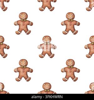 Motif sans couture en aquarelle d'homme en pain d'épice. Personnage mignon en forme de biscuit sur fond blanc représentant un dessert hivernal répétitif. Design textile festif pour impression sur tissu. Papier d'emballage traditionnel. Banque D'Images