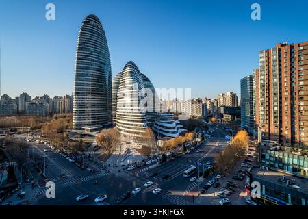 Vue panoramique aérienne de l'architecture urbaine de Wangjing SOHO à Pékin Banque D'Images