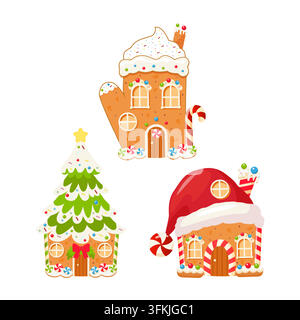 Un ensemble de biscuits de Noël en forme de gant, de bonnet du Père Noël et d'arbre de Noël, décorés de glaçage au sucre et Illustration de Vecteur