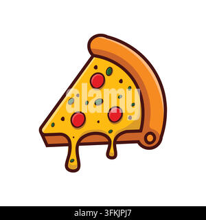 Illustration d'icône vectorielle de tranche de pizza en dessin animé représentant une délicieuse tranche de pizza triangulaire, du fromage fondu, des garnitures colorées et des contours audacieux Illustration de Vecteur