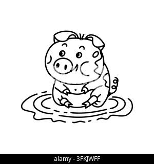 Contour de dessin animé de cochon isolé en vecteur. Personnage mignon d'animal domestique assis dans une flaque de boue, page de coloriage. Livre d'activités pour enfants jeu éducatif de ferme Illustration de Vecteur
