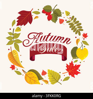 Bannière de vente élégante en forme de cercle de feuilles d'automne présentant des feuilles colorées disposées en composition circulaire avec une esthétique saisonnière chaleureuse Illustration de Vecteur