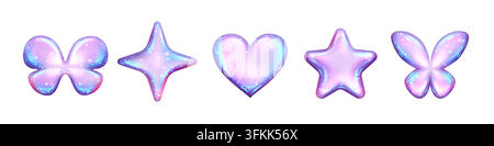 Papillon irisé brillant et autocollants chromés en forme de cœur. Icônes d'étoiles 3D chromées étincelantes avec paillettes. Éléments holographiques Y2K avec texture magique pastel violette. Ensemble vectoriel isolé sur fond blanc Illustration de Vecteur