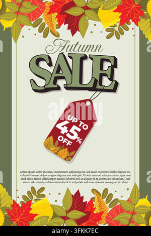 Conception de flyer promotionnel pour une vente d'automne mettant en avant des couleurs saisonnières chaudes, des feuilles d'automne décoratives, une typographie en gras pour les soldes et une mise en page moderne accrocheuse Illustration de Vecteur