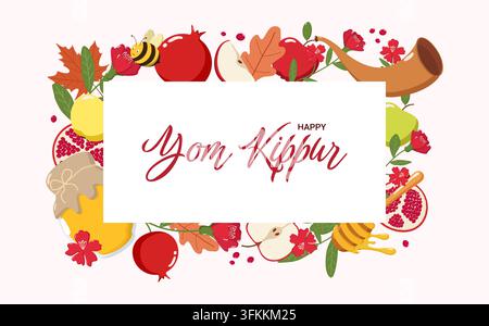 Illustration festive de Yom Kippour avec le texte « Happy Yom Kippour » en écriture rouge à l'intérieur d'un rectangle blanc, entouré de pommes, de grenades, de miel, de shofar, Banque D'Images