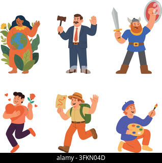 Collection de six personnages de dessin animé représentant différentes professions et rôles. Mère Nature, juge, viking, amant, voyageur et artiste Illustration de Vecteur