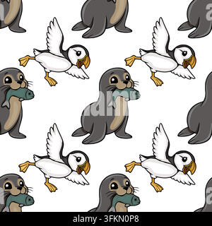 Motif vectoriel sans couture avec des phoques et des macareux mignons en style cartoon, fond hivernal d'animaux arctiques Illustration de Vecteur