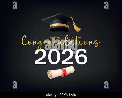 Affiche de félicitations pour l'obtention du diplôme 2026 avec parchemin et mortier Illustration de Vecteur