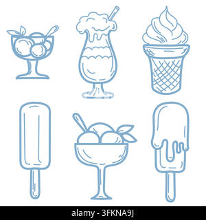 Dessert dans des crèmes et glaces, milkshake et glace à l’eau, ensemble d’illustrations vectorielles linéaires. Dessin pour menus de café et boulangerie, glaciers Illustration de Vecteur