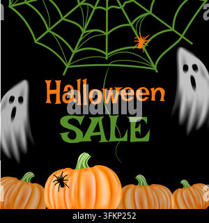 Bannière vectorielle de vente Halloween avec citrouilles, fantômes mignons, araignée et toile d'araignée. Illustration vectorielle Illustration de Vecteur