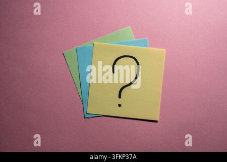 Point d'interrogation sur un fond de post-it colorés, gros plan. Point d'interrogation noir écrit à la main sur un post-it jaune empilé avec des papiers verts et bleus Banque D'Images