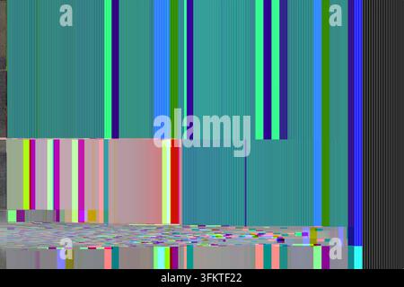 Œuvre d'art numérique abstrait de défaillance numérique présentant des barres de couleur verticales en bleu-vert, bleu, vert, violet et rose avec distorsion horizontale et artefact de pixelisation Banque D'Images