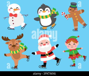 Ensemble de patinage sur glace avec des personnages de Noël mignons comprenant le Père Noël, un renne, un elfe, un bonhomme de neige, un pingouin et un bonhomme en pain d'épice, isolés sur fond bleu. Illustration de Vecteur