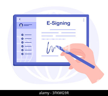 Main humaine signant une signature sur une tablette numérique pour un document de contrat électronique – Illustration conceptuelle Clip Art Illustration de Vecteur