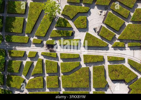 Vue aérienne d'un labyrinthe de haies géométrique avec des arbustes verts bien taillés et des allées de gravier en Pologne. Banque D'Images