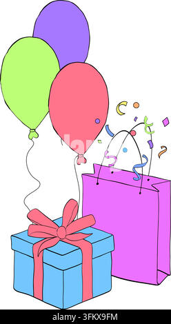 Coffret cadeau, ballons, sac et confettis Composition d'anniversaire illustration dessinée à la main colorée. Graphique vectoriel art d'encre en ligne. Parfait pour logo, marque Illustration de Vecteur