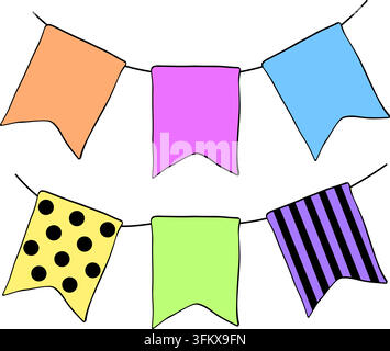 fanions de fête rayés, composition Joyeux anniversaire illustration dessinée à la main colorée. Graphique vectoriel art à l'encre linéaire. décoration de guirlande célébration d Illustration de Vecteur