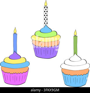Cupcake avec bougies, composition Joyeux anniversaire, illustration colorée dessinée à la main. Graphique vectoriel art à l'encre linéaire. Parfait pour logo, branding, emballage Illustration de Vecteur
