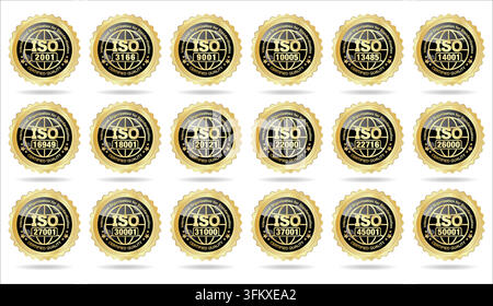 Ensemble de 18 badges et tampons vectoriels certifiés ISO. Étiquettes de certification du système de gestion de la qualité, symboles vectoriels pour ISO 9001, 14001, 27001, 45001 Illustration de Vecteur