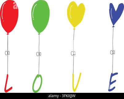 Ensemble de ballons accroché à une grande lettre d'amour isolée sur fond blanc pour célébration de fête, dessin animé, anniversaire heureux, illustration de festival et vecteur Illustration de Vecteur