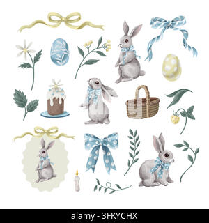 Ensemble de cliparts de lapin de Pâques en aquarelle avec œufs décorés, nœuds bleus, fleurs printanières, panier et gâteau festif sur blanc. Éléments de fête pastel pour Illustration de Vecteur