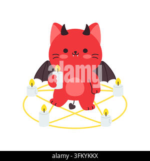 Joli chat diable rouge tenant une bougie dans une illustration vectorielle d’Halloween avec pentagramme Illustration de Vecteur