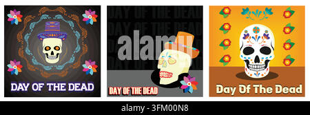Fête du Jour des Morts, crâne ou fête d'Halloween. Fleurs et sombrero sur fond clair. Crâne humain peint pour le Jour des Morts mexicain El Di Illustration de Vecteur