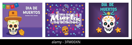 Bannière du Jour des Morts. Inscription Jour des Morts en espagnol. Poster Dia de los muertos. Illustration moderne vectorielle plate Illustration de Vecteur