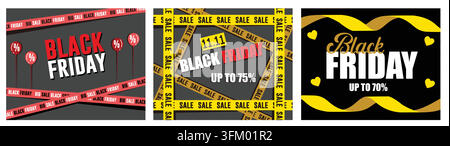 Ruban pour la vente du Black Friday sur fond noir. En promotion le Black Friday. Bannière Black Friday adaptée au commerce de détail. Ensemble d'illustrations modernes vectorielles plates Illustration de Vecteur