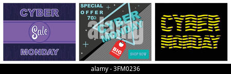 Soldes Black Friday Cyber Monday. Soldes Cyber Monday pour la promotion des entreprises. Événements promotionnels Cyber Monday sur les plateformes de commerce électronique, les marchés. Set Flat Ve Illustration de Vecteur