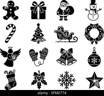 Ensemble d'icônes en silhouette solide de Noël comprenant un bonhomme en pain d'épice, le Père Noël, un traîneau et des symboles d'hiver Illustration de Vecteur