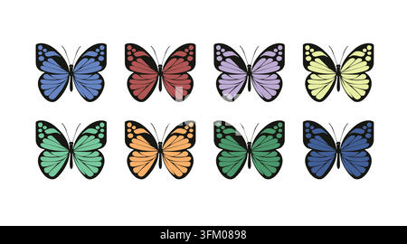 Ensemble de 8 icônes vectorielles de papillons. Art linéaire noir avec style de remplissage plat coloré sur fond blanc. Illustration de Vecteur
