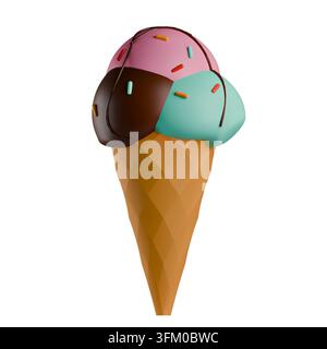 Icône de restauration rapide 3D avec une jolie glace en gaufre. Délicieuse glace triple boule aux arômes fraise, pistache et chocolat, garnie de sirop sucré Banque D'Images
