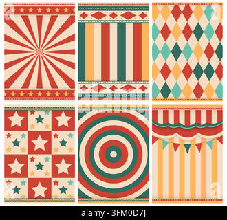 Ensemble de 6 motifs sans couture de cirque rétro groovy, style plat. Illustration de Vecteur