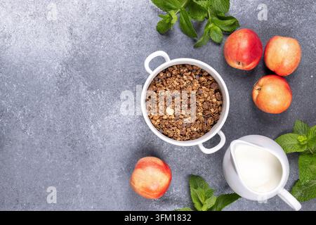 Céréales granola dans un bol blanc avec des nectarines fraîches, une carafe de lait et des feuilles de menthe verte disposées avec art sur un fond de pierre grise, créant h Banque D'Images
