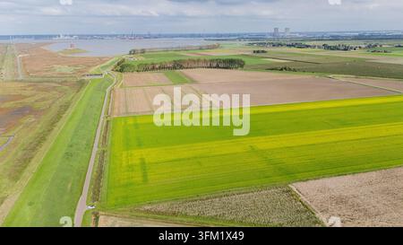 Vue aérienne montrant les tours de la centrale nucléaire de Doel et la zone portuaire industrialisée contrastant avec les champs agricoles et les zones humides Banque D'Images