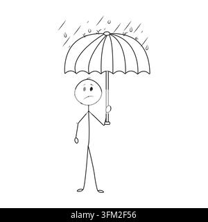 Figure triste en bâton tenant un parapluie sous une forte pluie, se sent malheureuse ou déprimée. Art linéaire minimaliste conceptuel de protection, assurance, crise Illustration de Vecteur