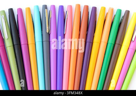 De nombreux stylos de différentes couleurs sont disposés en forme d'éventail Banque D'Images