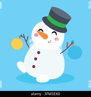 Mignon bonhomme de neige de Noël portant un chapeau haut de forme et des boules de Noël, illustration vectorielle dessinée à la main, élément hivernal isolé sur fond bleu Illustration de Vecteur