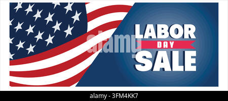 Bannière horizontale pour la vente du Labor Day. Drapeau américain réaliste flottant et texte. Modèle concept pour sites web, en-tête. Illustration moderne vectorielle plate Illustration de Vecteur