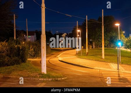 Des voies de tramway sinueuses traversent un quartier résidentiel vert et calme sous les lampadaires la nuit. Prague, République tchèque - 26 septembre 2026 Banque D'Images