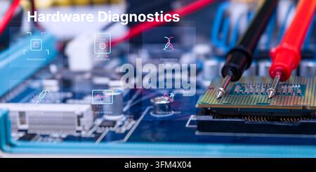 Dépannage de CPU et carte mère avec sondes de test électroniques, réparation matérielle, soudure et tableau de diagnostic Banque D'Images