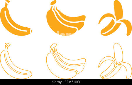 Illustrations vectorielles de bananes jaunes biologiques. Collection d'icônes de fruits frais en art solide et linéaire pour les projets de conception alimentaire. Illustration de Vecteur