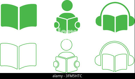 Collection d'icônes vertes illustrées et linéaires représentant des lecteurs de livres et des casques pour l'utilisation de sites éducatifs et d'applications d'apprentissage. Illustration de Vecteur