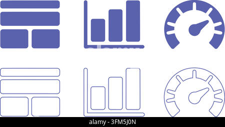 Icônes de tableau de bord de performance comprenant des graphiques à barres et des jauges de vitesse pour les rapports d'analytique commerciale et les systèmes de suivi de progression. Illustration de Vecteur